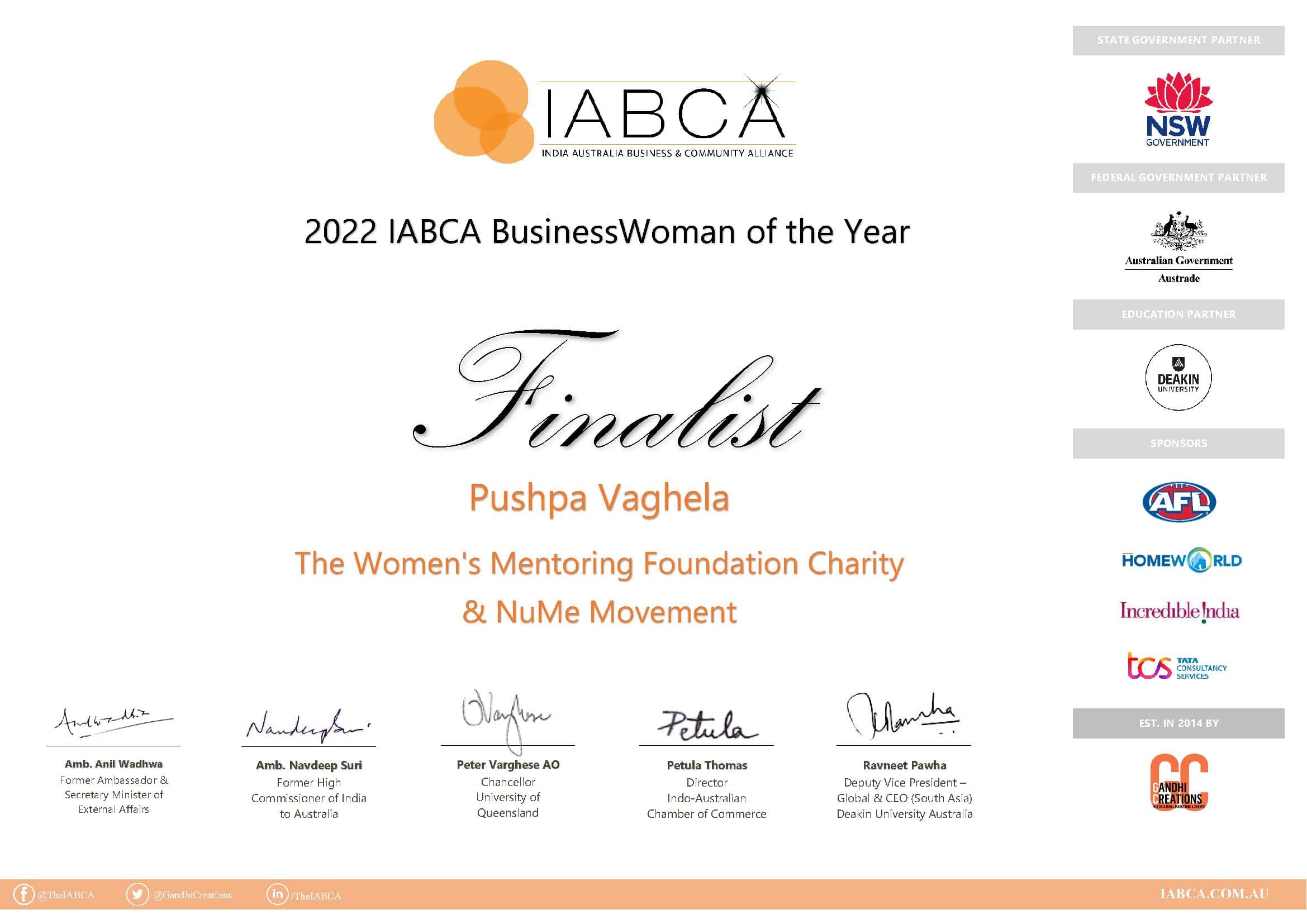 2022 IABCA BusinessWoman of the Year - Finalist Certificate